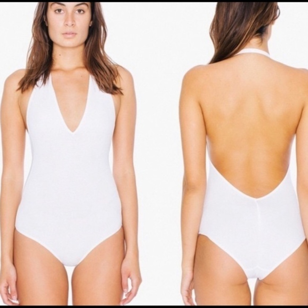 American Apparel White Vneck Open Back Bodysuit Size Medium